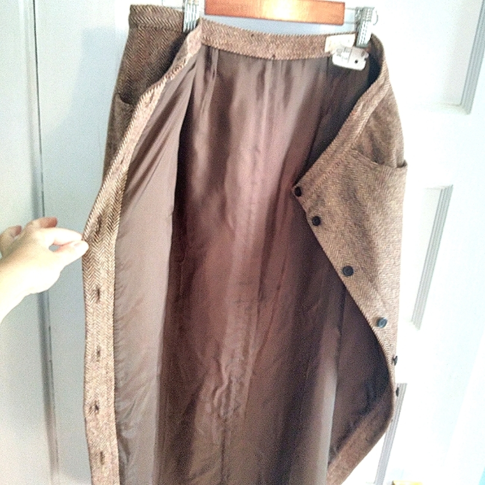 VTG 90s JCrew button-down Herringbone wool brown tweed skirt - m - Picture 5 of 6